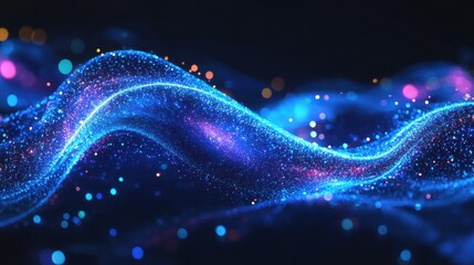 Wall Mural - Abstract Blue Glowing Particle Waves, Digital Art, Neon Lights, Dark Background, Sparkling Glitter, 