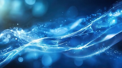 Wall Mural - Abstract Blue Wave Digital Art Glowing Particles, Bokeh Lights, Technology Background