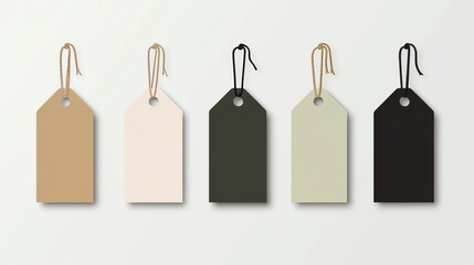 set of five blank paper tags in varying colors with strings on neutral background.