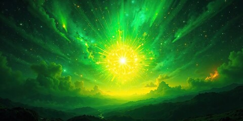 Vibrant green and yellow hues of a distant starburst, gas, green, galaxy