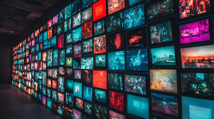 Wall of vintage multimedia streaming television displaying various screen colors. lcd screen with background