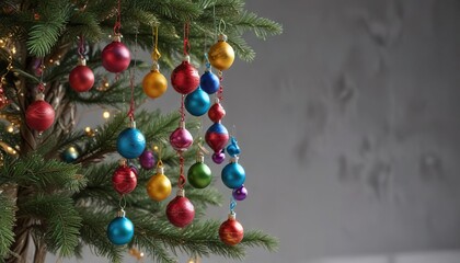 Colorful ornaments dangle from a slender metal Christmas tree, fluttering, slender, snowflakes