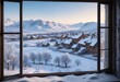 © methinee - Frost-covered windowpane with a snowy village outside, frosty window, snowy village, windowpane