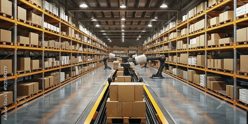 A fully automated warehouse with a conveyor belt system and robotic ...