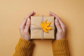 First person top view photo of hands in yellow pullover tying twine bow on craft paper giftbox with yellow autumn leaf on isolated beige background