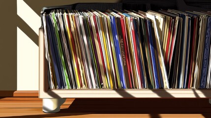 Sticker - A wooden shelf filled with colorful vinyl records, illuminated by natural light.