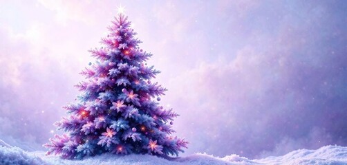 whimsical, watercolor-inspired purple christmas tree with soft pastel colors and twinkling fairy lig