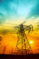 Wall Mural - electric tower, silhouette at sunset