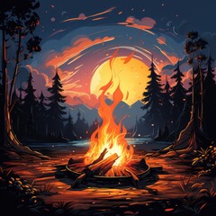 Wall Mural - Relaxing Evening by the Bonfire in the Peaceful Camping Scene