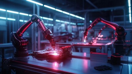 Aufkleber - Modern car factory with sleek robotic arms welding components, an engineer supervising the process
