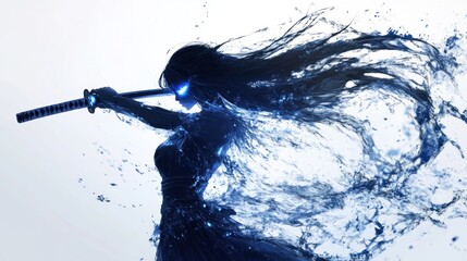 Wall Mural - a female warrior, rendered in shades of blue, wields a katana, her flowing hair and dress dissolving