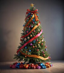 fir christmas tree with colorful ribbons and bows, bright colors, colorful ribbons, joyful ambiance