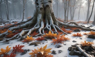 Wall Mural - frosty forest floor with fallen birch leaves and twisted roots, scenery, arctic