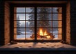 © methinee - Snowy windowpane with a crackling fireplace on Christmas Eve, snowy trees, snowy windowpane