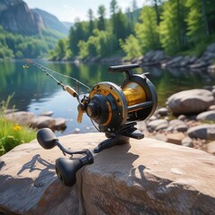a fishing reel on a stone beside shavlinskoye lake, fishing reel, high altitude scenery