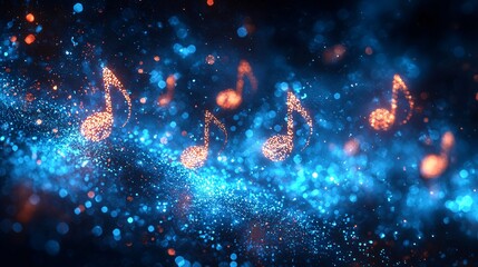 Wall Mural - sparkling music notes blue orange glitter background