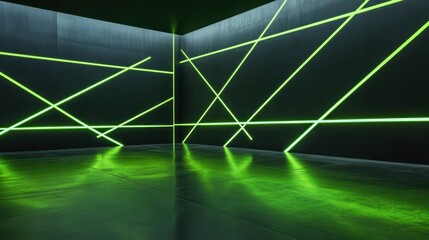 Wall Mural - neon green glowing lines intersecting across a black metallic surface, creating a vibrant futuristic