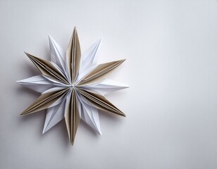 Origami white snowflakes on a white background with copy space. Generated image