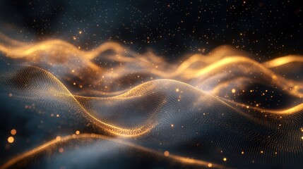 Wall Mural - Golden Particle Waves Abstract Digital Art, Dark Background, Glowing Dust