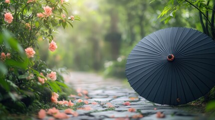 Wall Mural - Chinese umbrella resting on a stone path, surrounded by flowers and green leaves, creating a peaceful and elegant scene