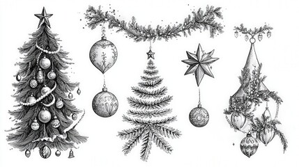 Wall Mural - A hand-drawn set of Christmas tree elements, including intricate ornaments, garlands, and festive stars.