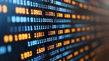 Close-up view of binary code on a digital screen displaying data and technology concepts in a modern setting. BinaryCode, cyber security