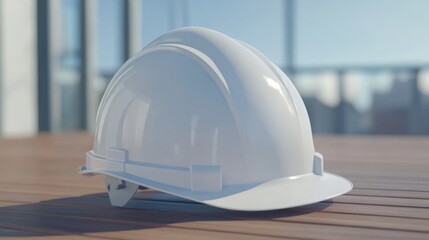 White Construction Helmet on Wooden Floor in Bright Workspace