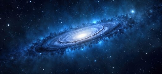 Mesmerizing view of spiral galaxy. Stunning blue hues fill vast cosmos. Stars twinkle brightly against dark backdrop. Galaxy glows with vibrant light, beauty. Cosmic scene. Detailed view. Astral