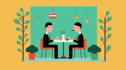 Two male characters enjoying a meal at a minimalistic restaurant, surrounded by plants, in a vibrant and cheerful setting.