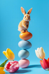 Wall Mural - balancing easter eggs, easter bunny, tulips floating isolated on blue background. sun and shadow