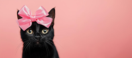 Wall Mural - black cat with a huge satin pink bow on its head, isolated on a solid background, studio shot, photo