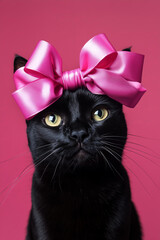 Wall Mural - black cat with a huge satin pink bow on its head, isolated on a solid background, studio shot, photo