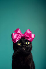 Wall Mural - black cat with a huge satin pink bow on its head, isolated on a solid background, studio shot, photo