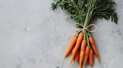 A bunch of vibrant orange carrots, tied with a natural twine, placed on a white surface.