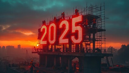 Construction workers building future infrastructure under 2025 sunset Generative AI