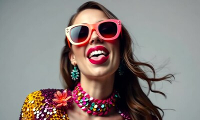 Poster - Bold fashion statement showcased by a model wearing vibrant attire and playful accessories in a creative studio setting