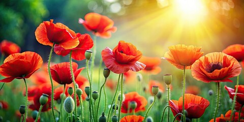 Wall Mural - Vibrant red poppy flowers blooming in a garden, poppy, flowers, bloom, garden, vibrant, red, nature, floral, petals, beautiful