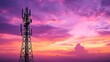 © Din Nasahrudin - Telecommunications tower at sunset, vibrant sky with purple and orange hues, silhouetted structure, technology and connectivity theme, dramatic clouds