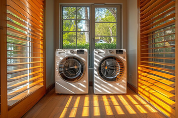 White washing machines are in a bright and sunny room with wooden blinds