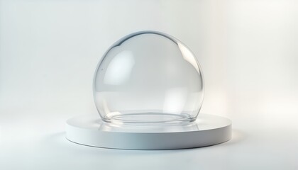 Round transparent glass dome sits on white pedestal. Clear glass sphere. Modern design. Empty showcase. Abstract object. Modern display. Perfect for presenting products.