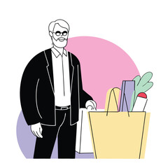 Wall Mural - Vector illustration of elderly man with shopping bag. Shopping concept. Flat style.