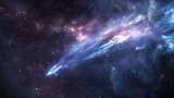A comet with a glowing tail streaking through space, leaving a bright trail behind.