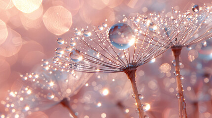 Wall Mural - Close-up view of dandelion seeds with dewdrops on their petals and exposed to soft and blur, warm morning sunlight. Dreamy and tranquil concept