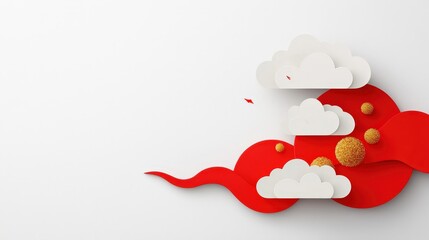 Wall Mural - a red and white background with clouds and gold balls