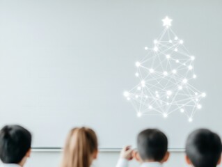 Poster - Students Engaged in Futuristic Classroom Presentation with Digital Christmas Tree