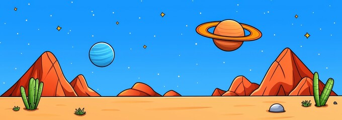 Wall Mural - An orange alien space planet video game background. Landscape with mountains and deserts. Red stone with craters, moon, Saturn, stars in a galaxy sky.