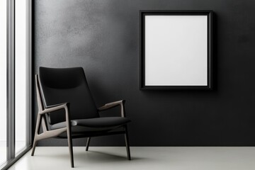 Wall Mural - interior design, a frame mockup is showcased against a sleek concrete wall in a stylish monochromatic lounge with modern furnishings