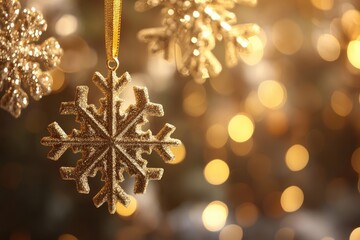 Wall Mural - golden christmas snowflakes hanging on blurred lights background