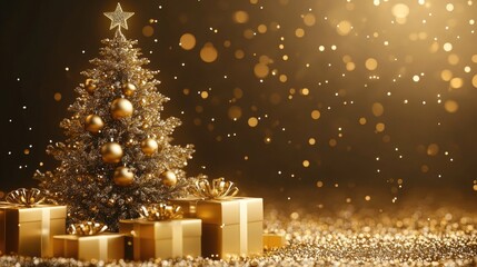 Wall Mural - christmas tree with golden decorations and gifts on sparkling background