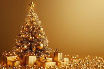 Wall Mural - golden christmas tree with presents and festive bokeh lights creating magical atmosphere